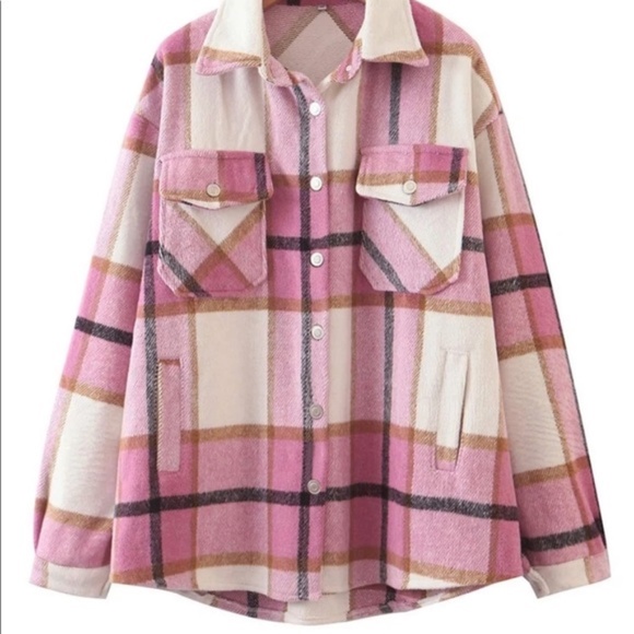 Cozy plaid button down Oversized trucker jacket Shacket - Picture 4 of 5
